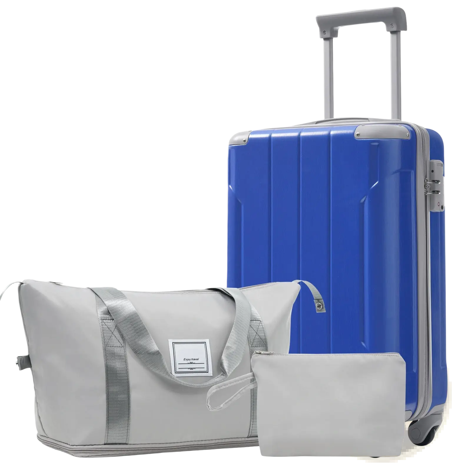 Blue hard-shell 20 inch carry on suitcase with silver trim and wheels from 3 piece dazzling blue luggage set