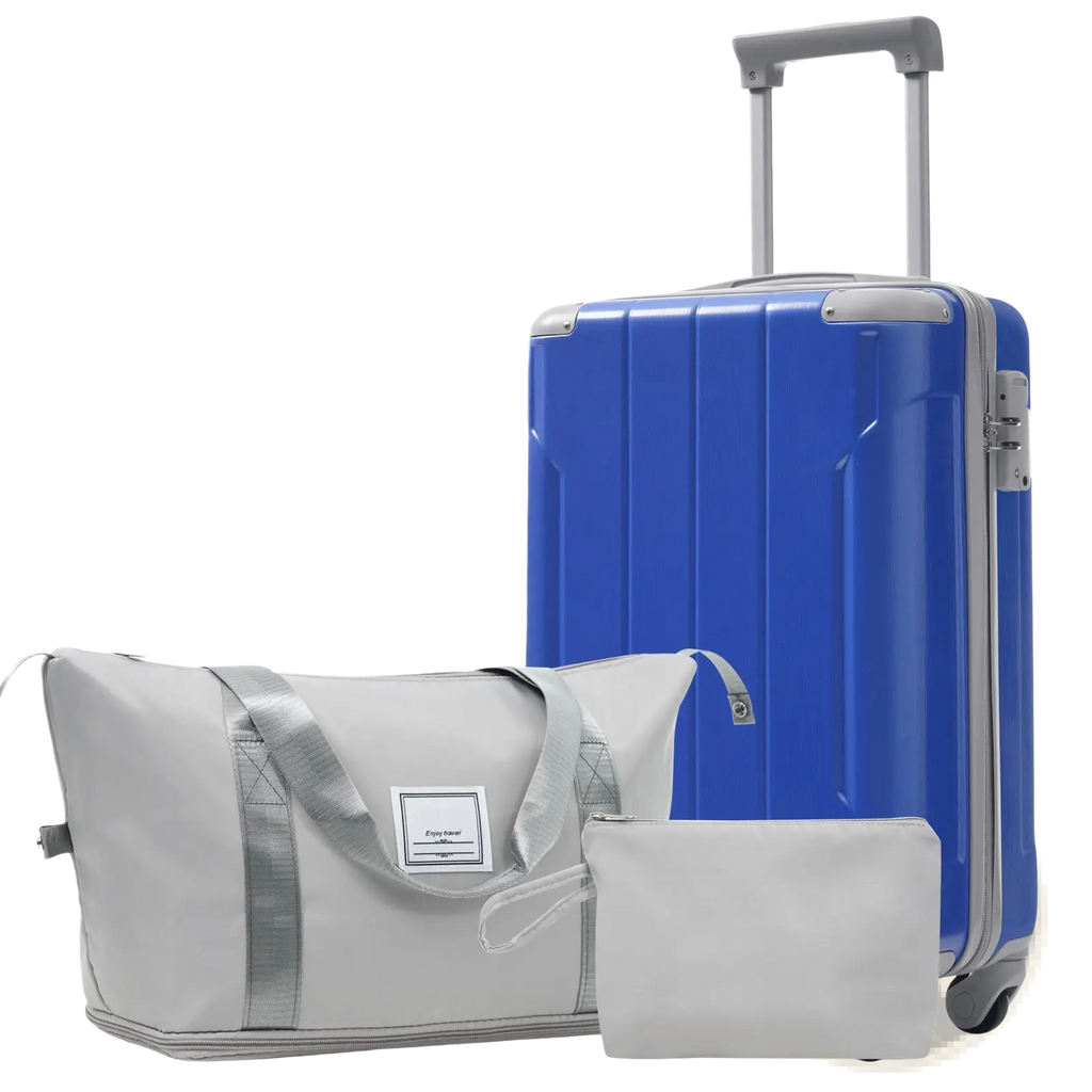 Blue hard-shell 20 inch carry on suitcase with silver trim and wheels from 3 piece dazzling blue luggage set
