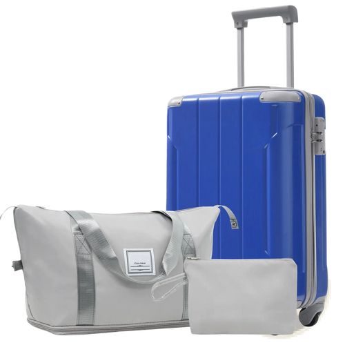 Blue hard-shell 20 inch carry on suitcase with silver trim and wheels from 3 piece dazzling blue luggage set