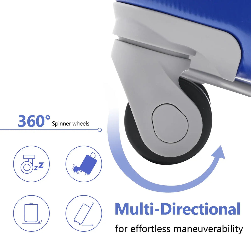 Blue and gray spinner wheel with black rubber tire for multi directional maneuverability on 3 piece dazzling blue hardshell carry on luggage set