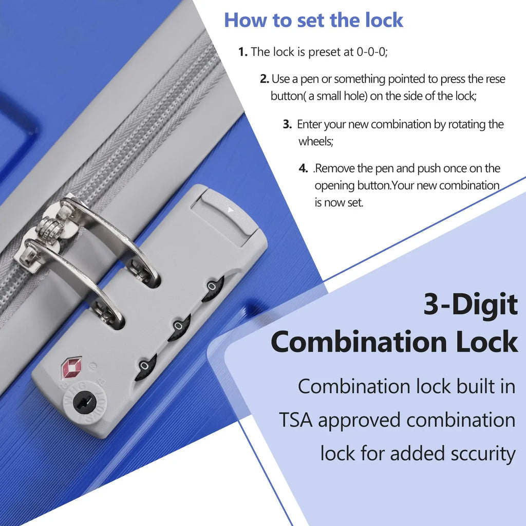 Gray plastic tsa approved 3 digit combination lock with silver metal parts and red logo for 3 piece dazzling blue carry on luggage set