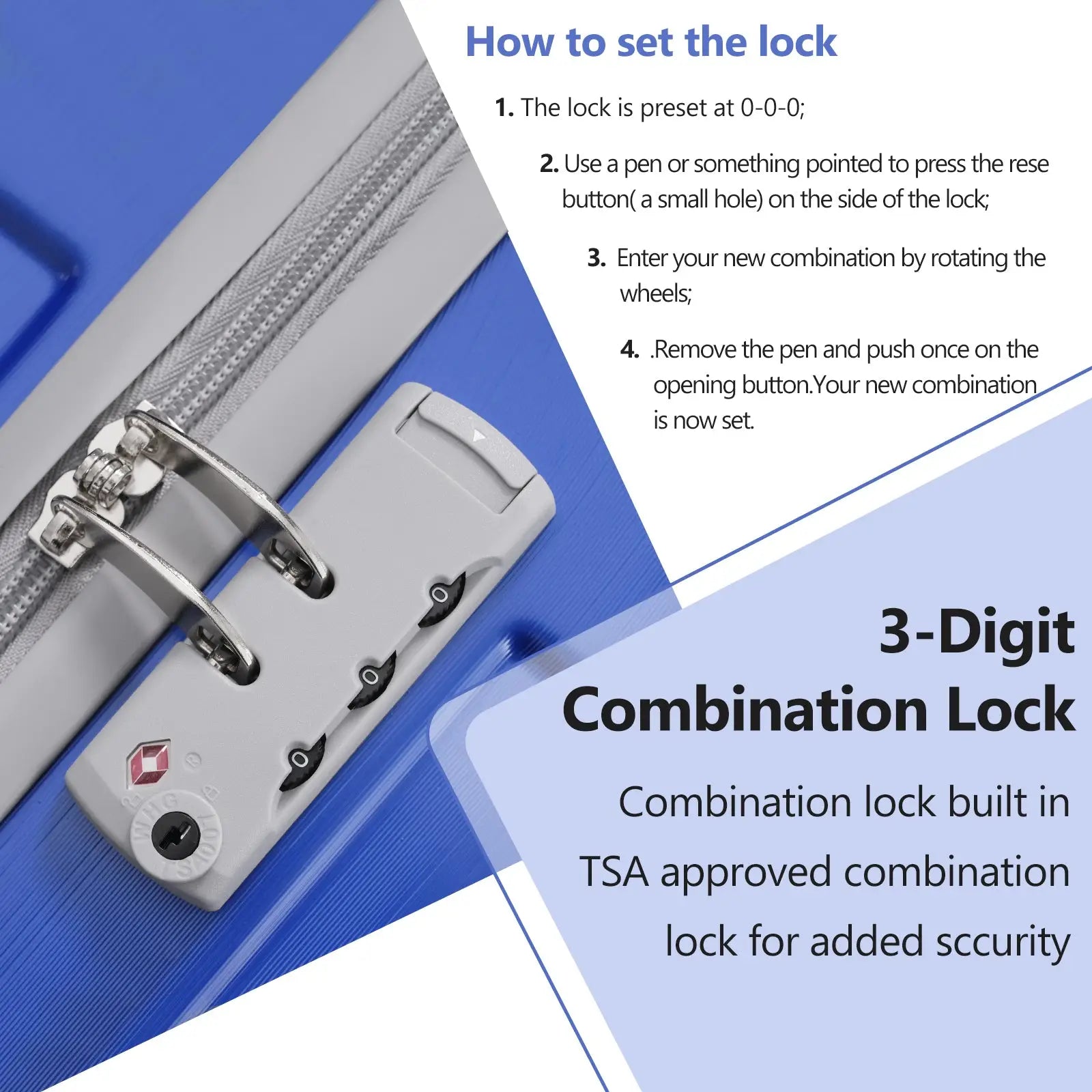 Gray plastic tsa approved 3 digit combination lock with silver metal parts and red logo for 3 piece dazzling blue carry on luggage set