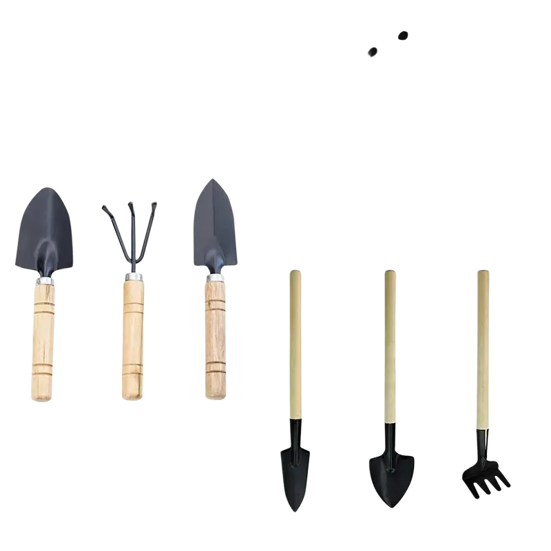 Set of 3 miniature garden tools with black metal heads and light wooden handles for gardening use