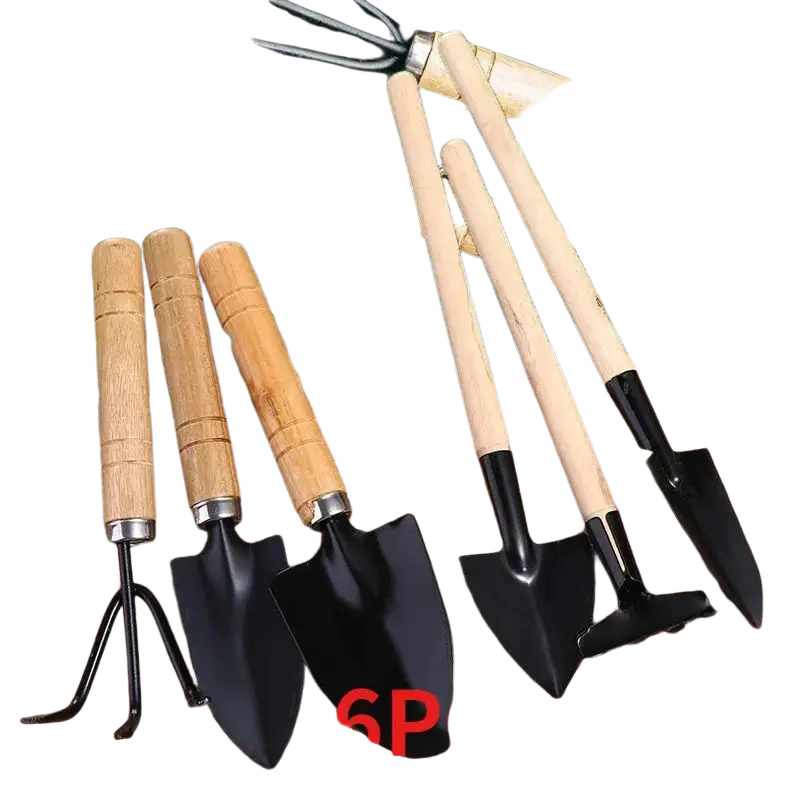 Set of six black metal garden tools with light wooden handles including trowels and a cultivator for gardening use