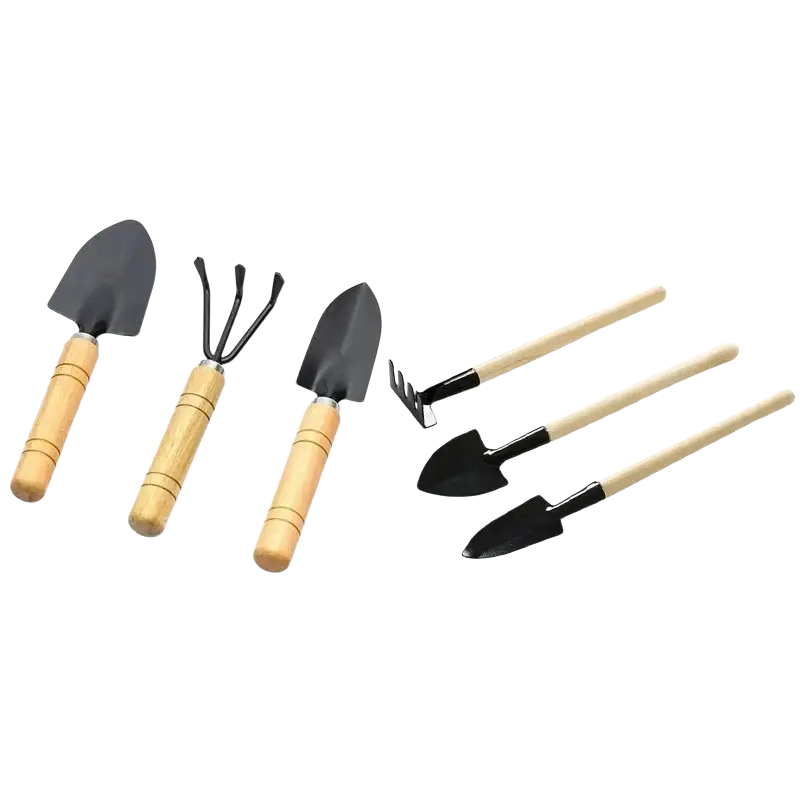 Set of six black metal miniature garden tools with light wood handles for detailed gardening tasks