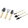 Set of six black metal miniature garden tools with light wood handles for detailed gardening tasks