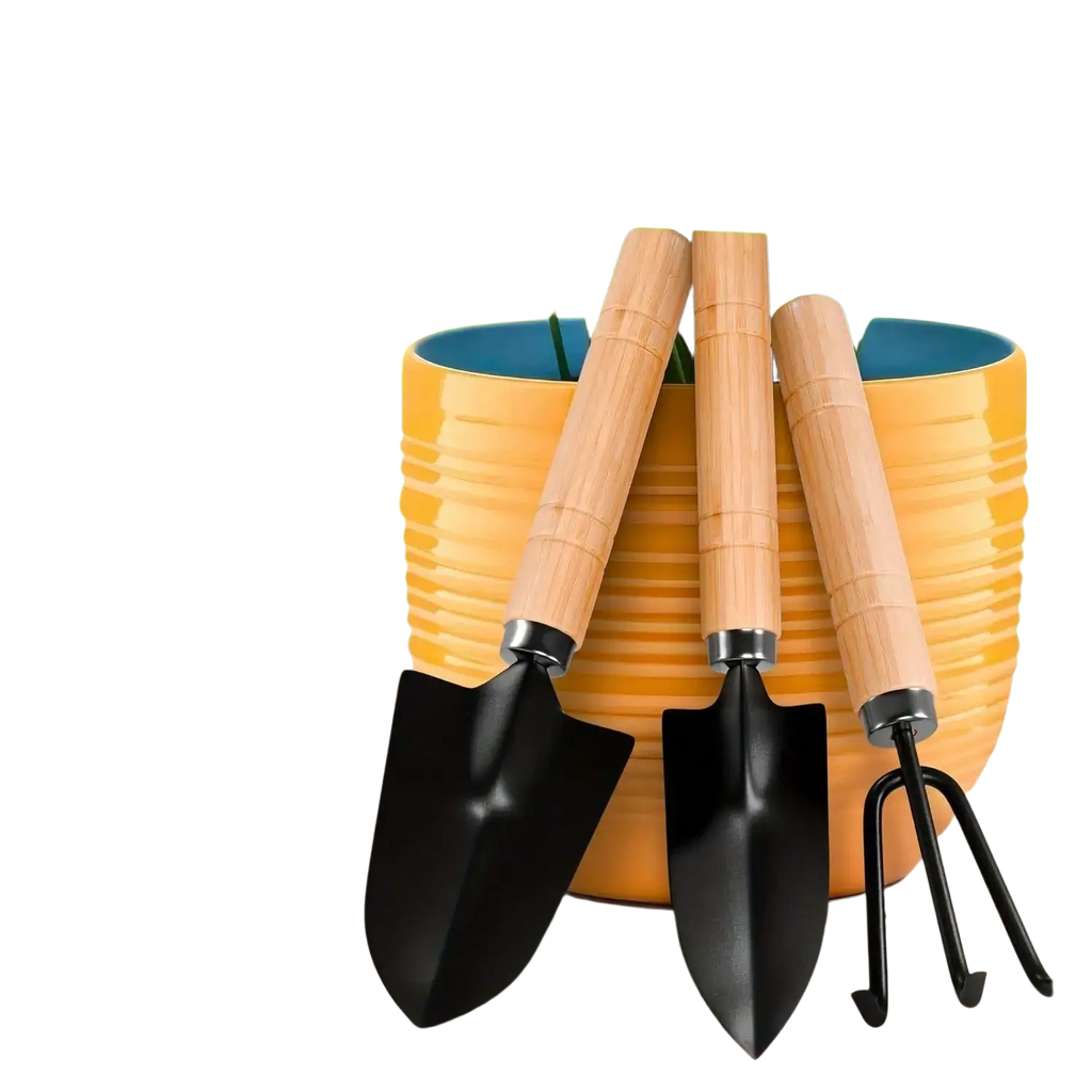 Set of three black metal garden tools with rustproof blades and light brown wooden handles for gardening use