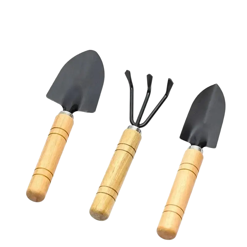 Set of three garden tools with black metal heads and light brown wooden handles for mini gardening tasks