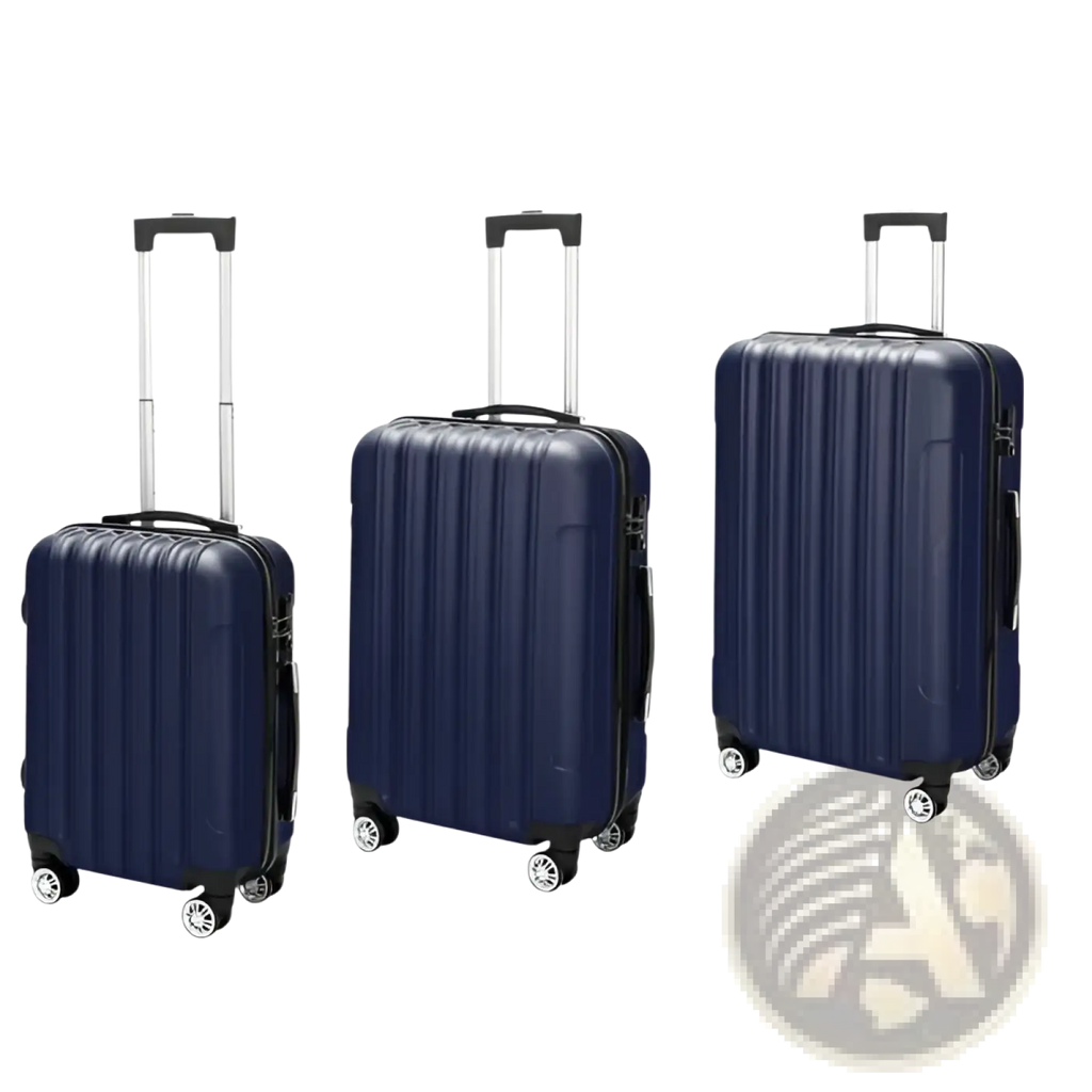Set of three navy blue hard shell spinner suitcases with vertical ribbed design for durable travel luggage use