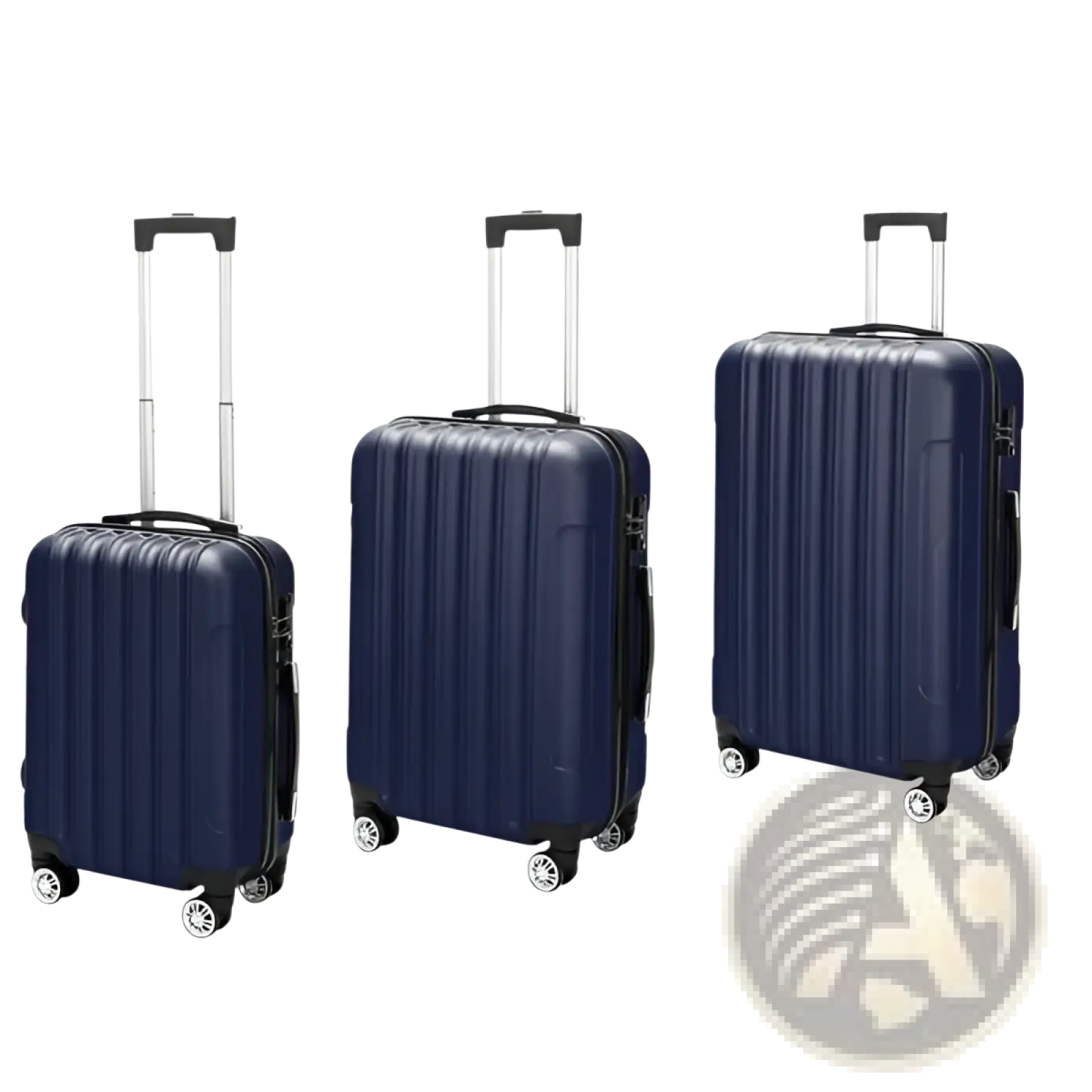 Set of three navy blue hard shell spinner suitcases with vertical ribbed design for durable travel use