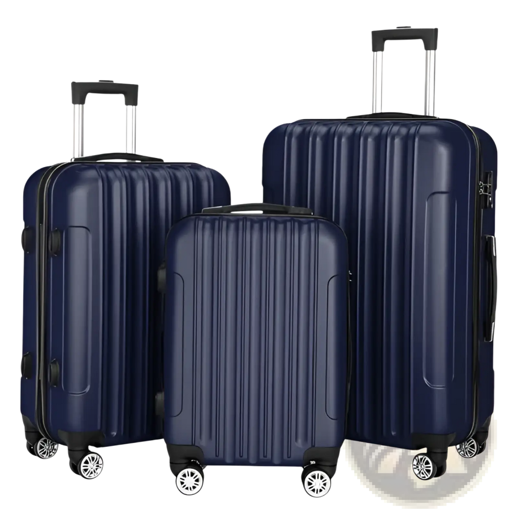 Set of three navy blue hard shell spinner suitcases with vertical ribbed design and black wheels for travel use