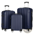Set of three navy blue hard shell spinner suitcases with vertical ribbed design and black wheels for travel use