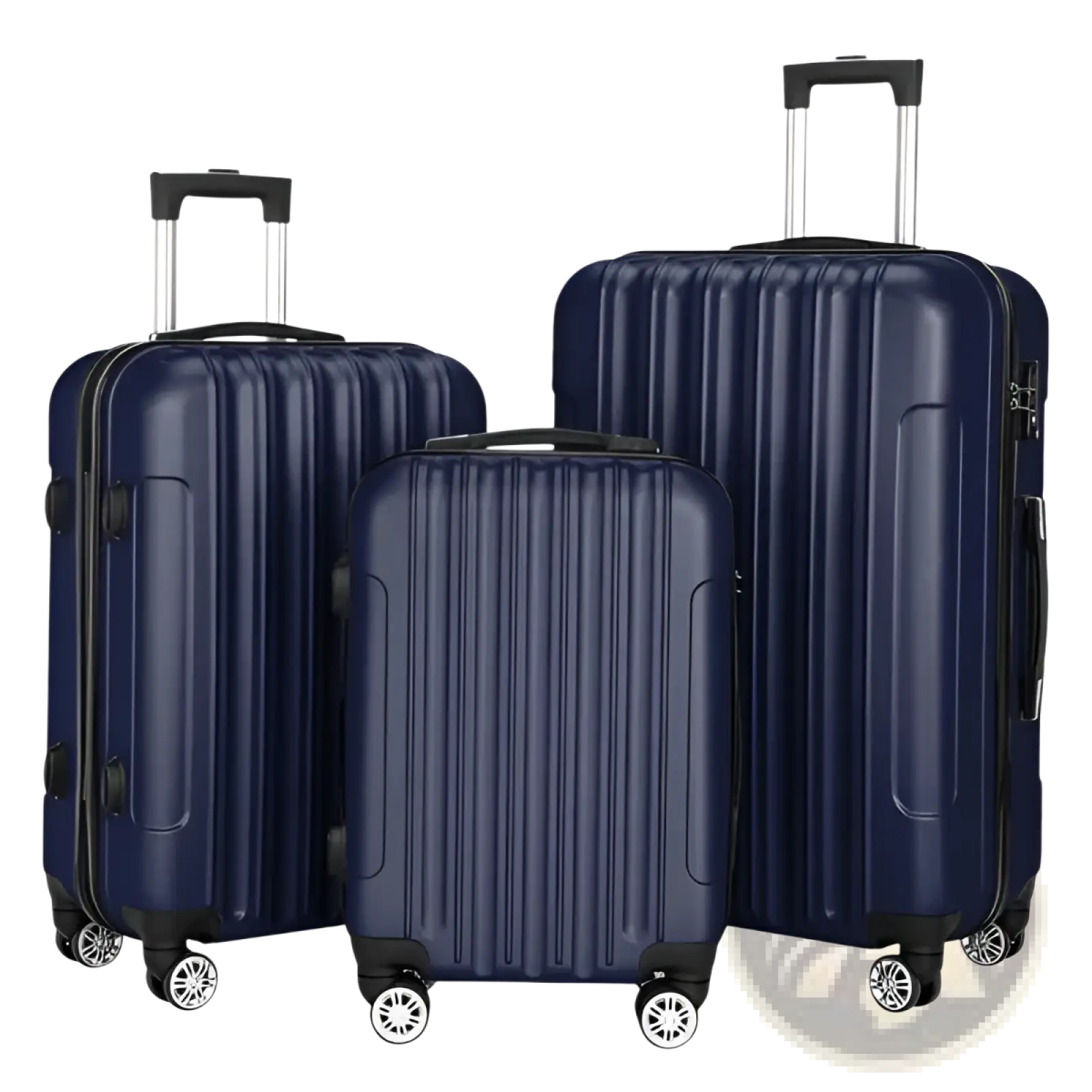 Set of three navy blue hard shell spinner suitcases with vertical ribbed design and black wheels for travel use