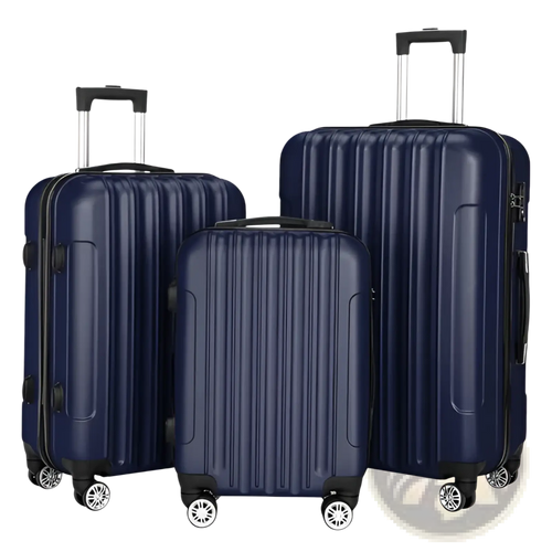 Set of three navy blue hard shell spinner suitcases with vertical ribbed design and black wheels for travel use