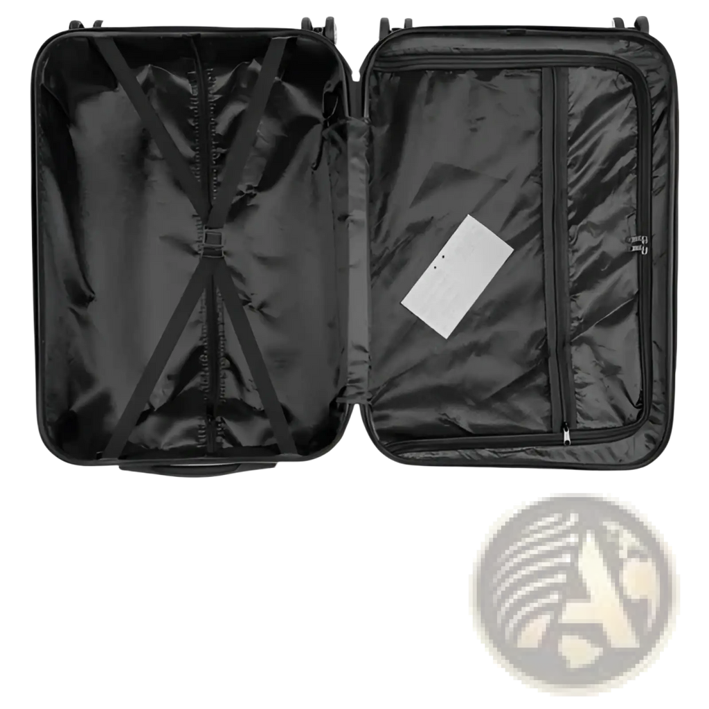 Black hard-shell suitcase from a 3-piece navy blue hard shell spinner luggage set with reinforced interior compartments
