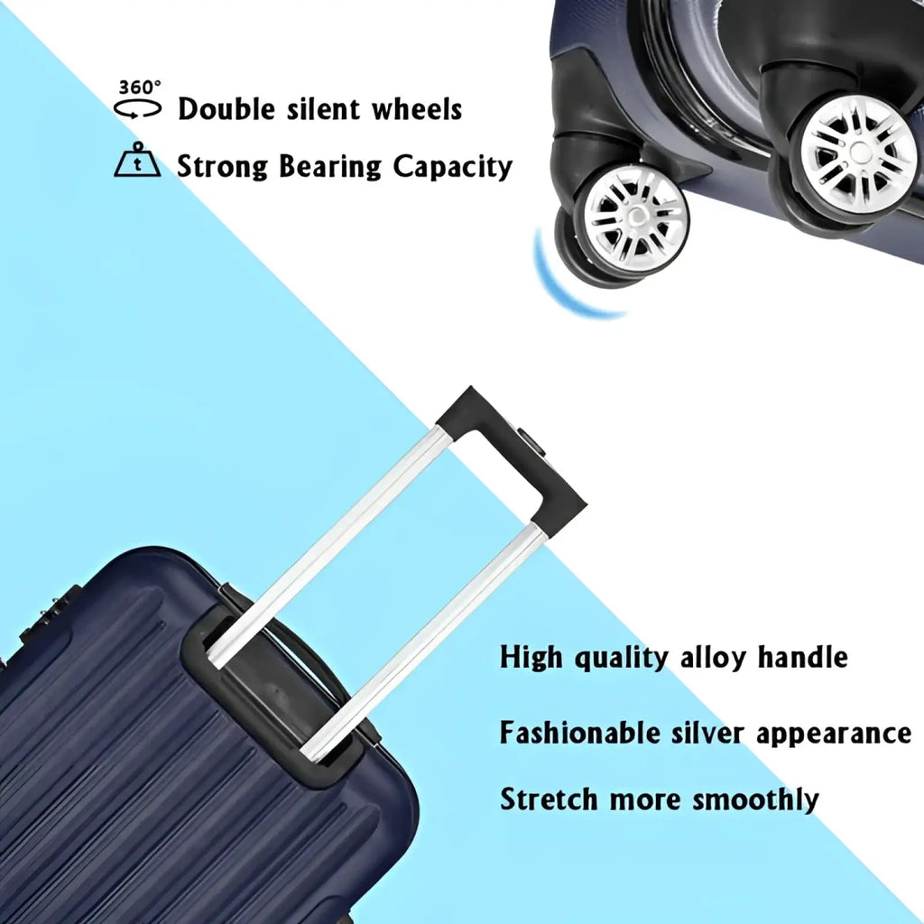 Navy blue hard shell suitcase with silver alloy handle and double silent wheels from a 3-piece spinner luggage set