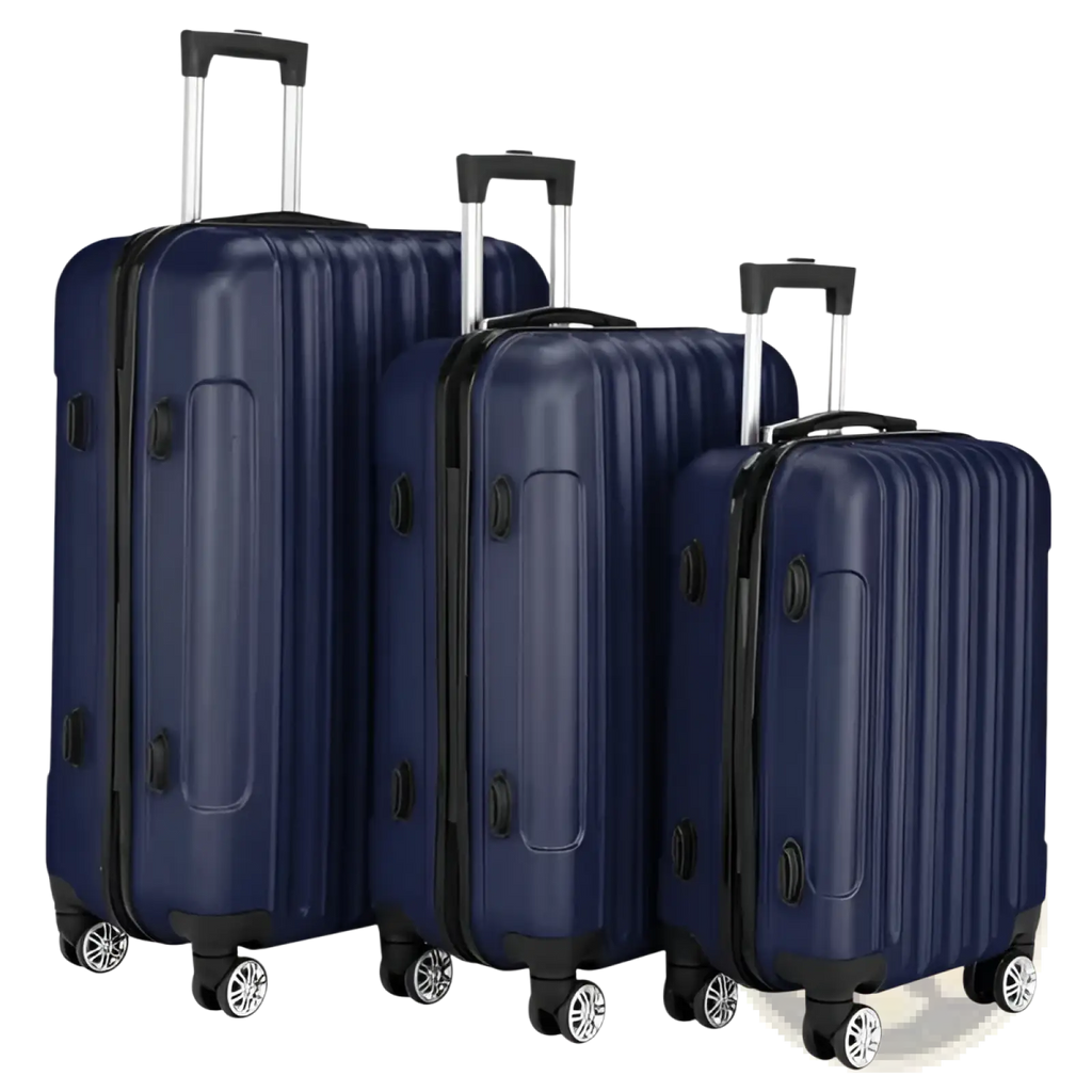 Set of three navy blue hard shell spinner suitcases with black trim and silver wheels in luggage set