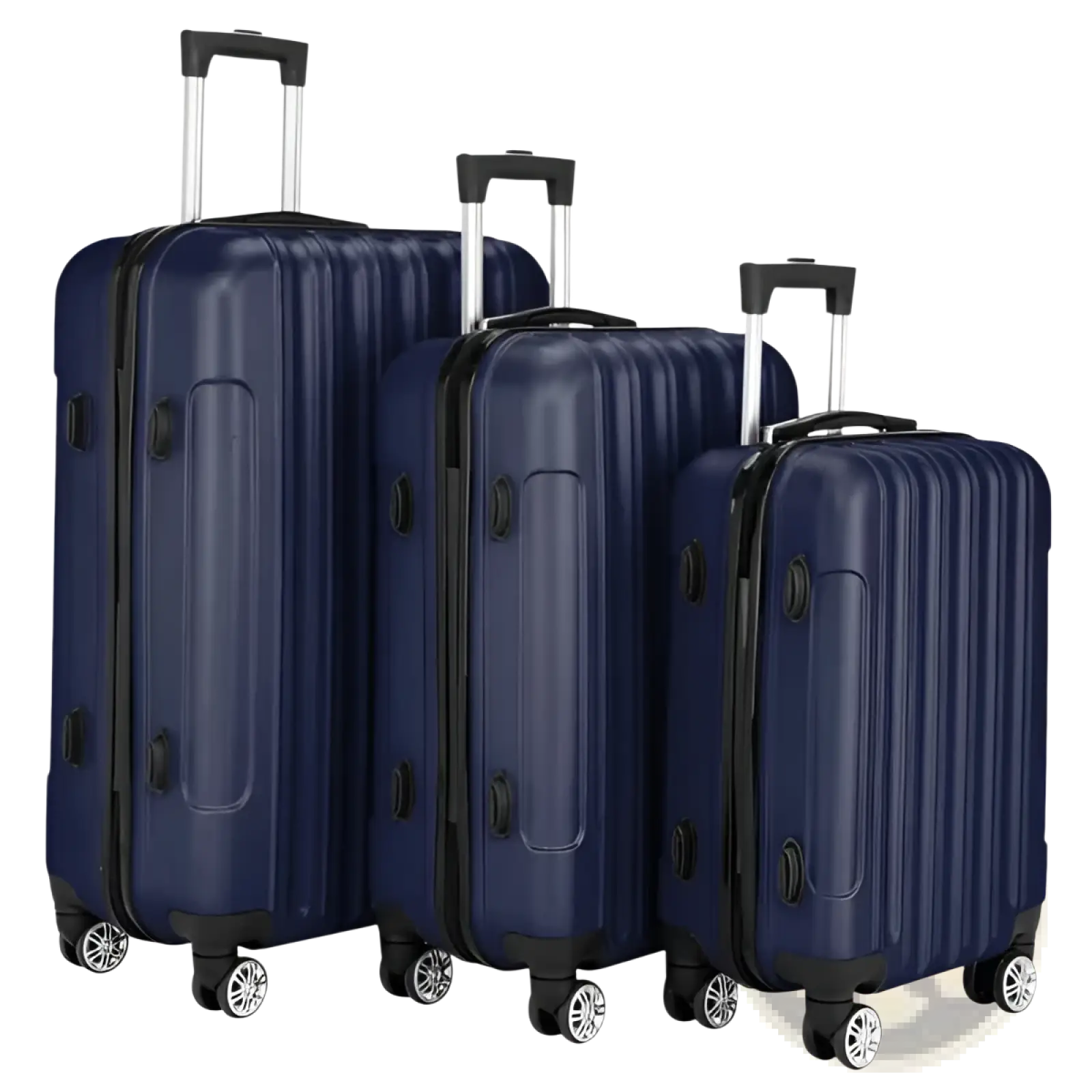 Set of three navy blue hard shell spinner suitcases with black trim and silver wheels in luggage set