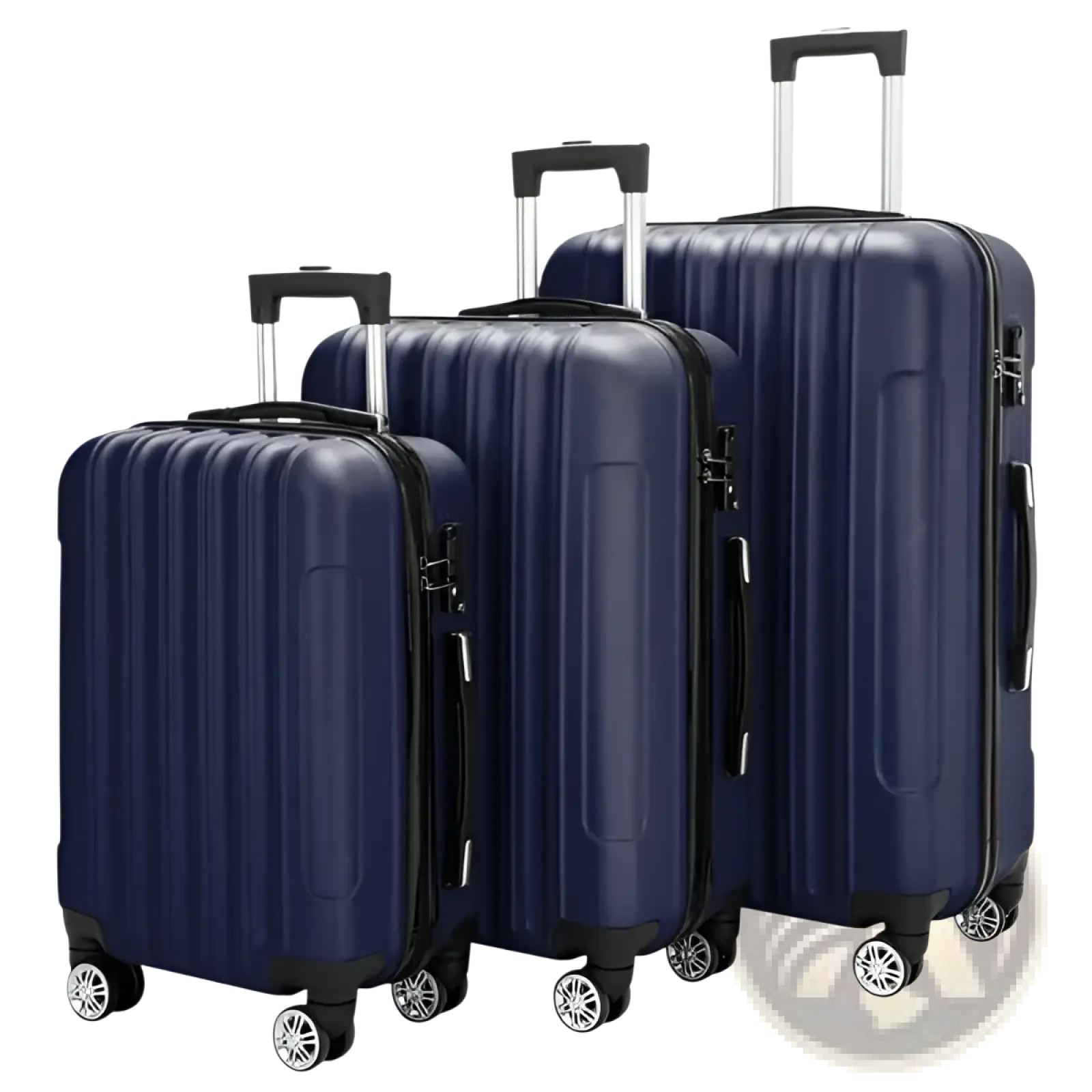 Set of three navy blue hard shell spinner suitcases with black handles and silver wheels for effortless travel