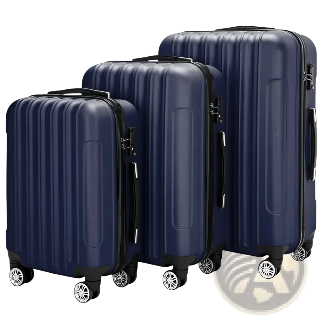 Set of three navy blue hard shell spinner suitcases with silver zippers and wheels for durable travel use