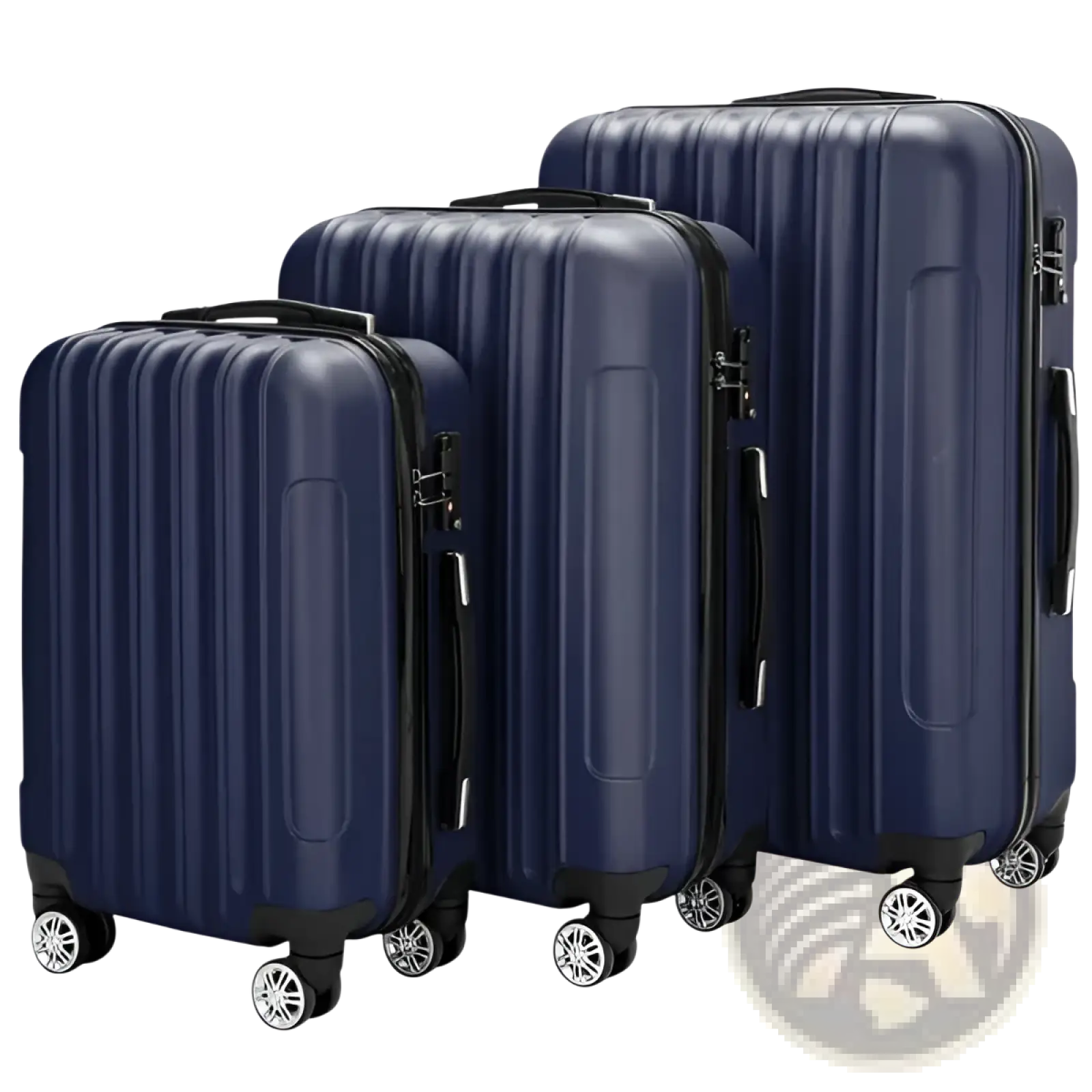 Set of three navy blue hard shell spinner suitcases with silver zippers and wheels for durable travel use