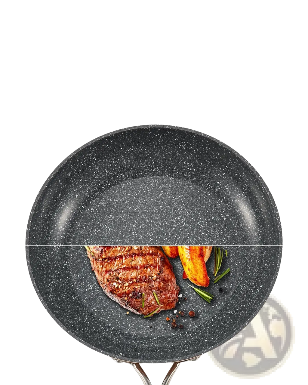 Black speckled nonstick ceramic frying pan with stainless steel handle featuring cook smarter and healthier every day branding