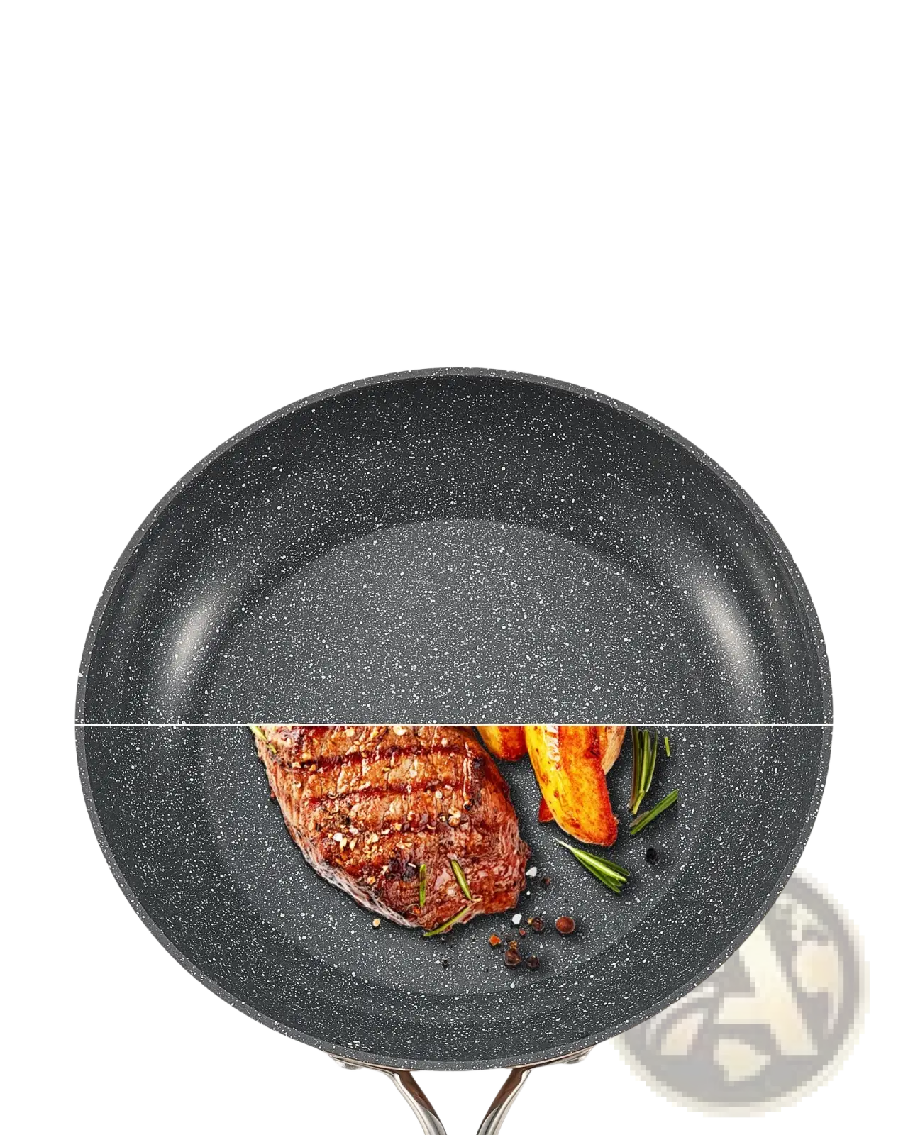 Black speckled nonstick ceramic frying pan with stainless steel handle featuring cook smarter and healthier every day branding