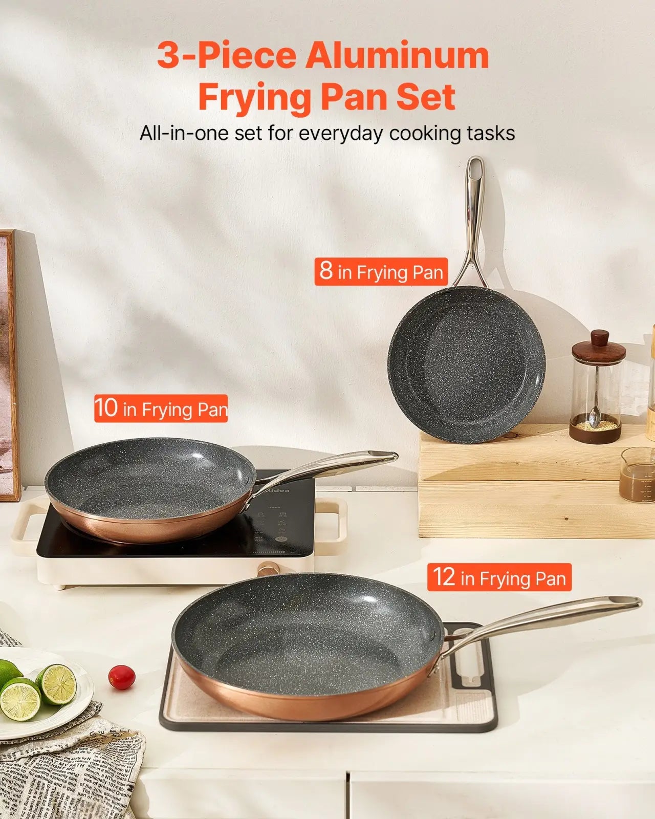 Set of three aluminum frying pans with copper exterior and dark gray speckled nonstick ceramic interior with handles