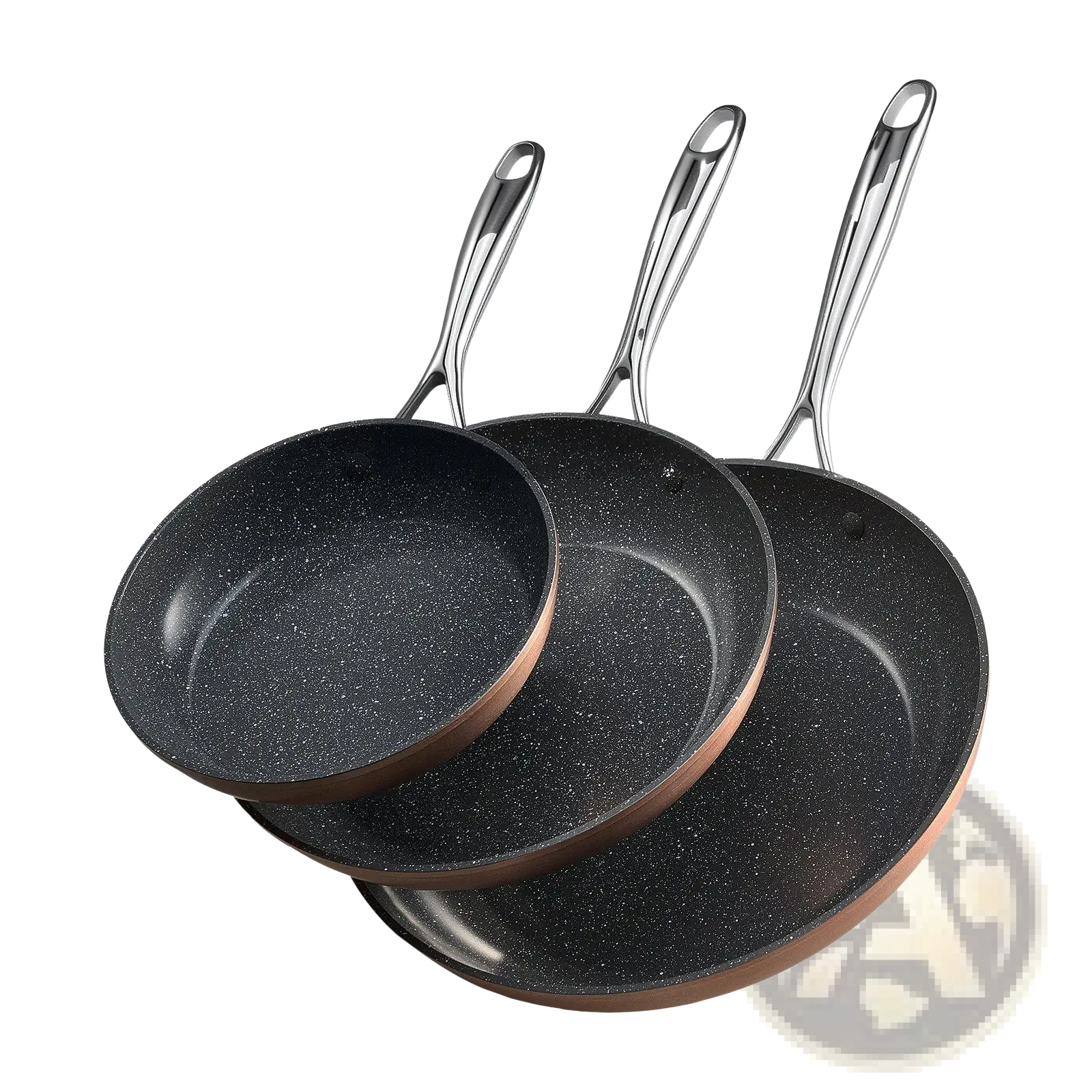 Set of three black speckled nonstick ceramic frying pans with copper rims and stainless steel handles for cooking