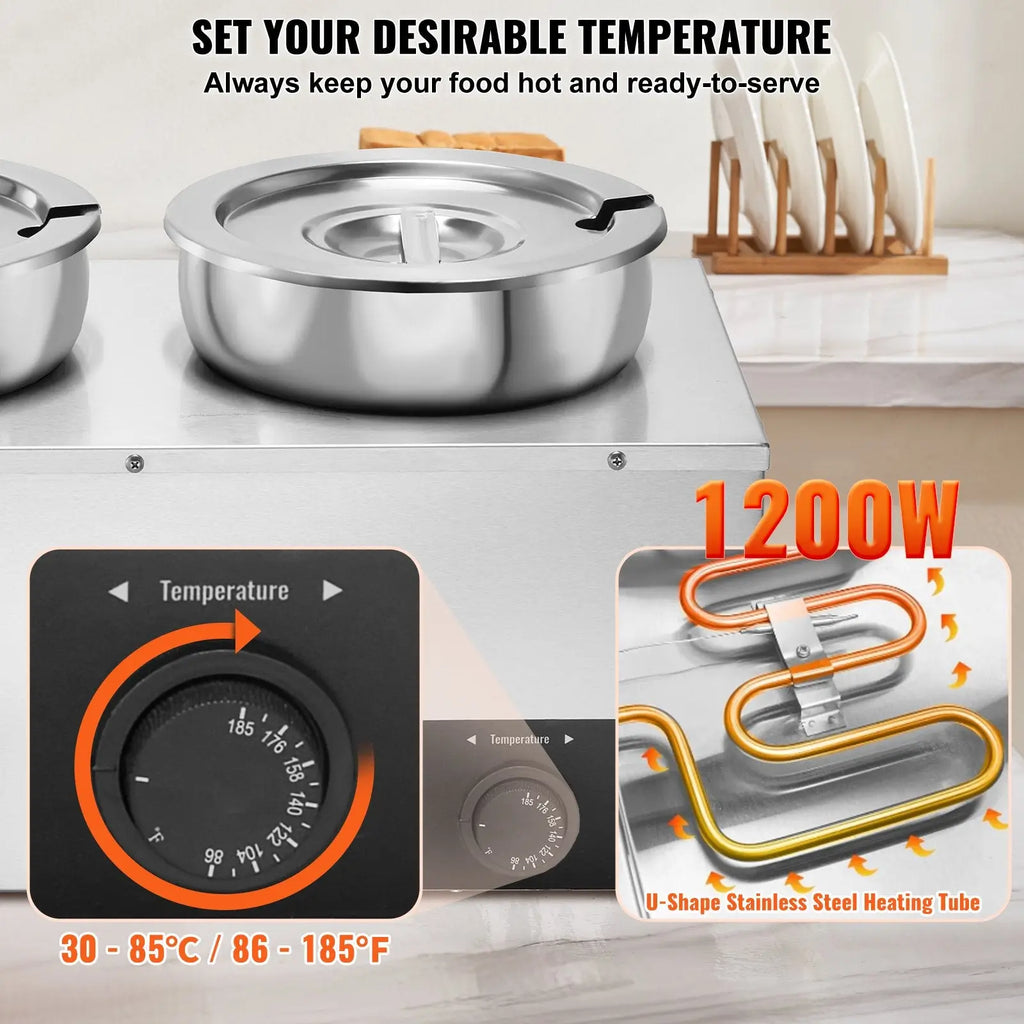 Stainless steel 3-pot electric soup warmer with temperature control dial and u-shaped heating tube for commercial use