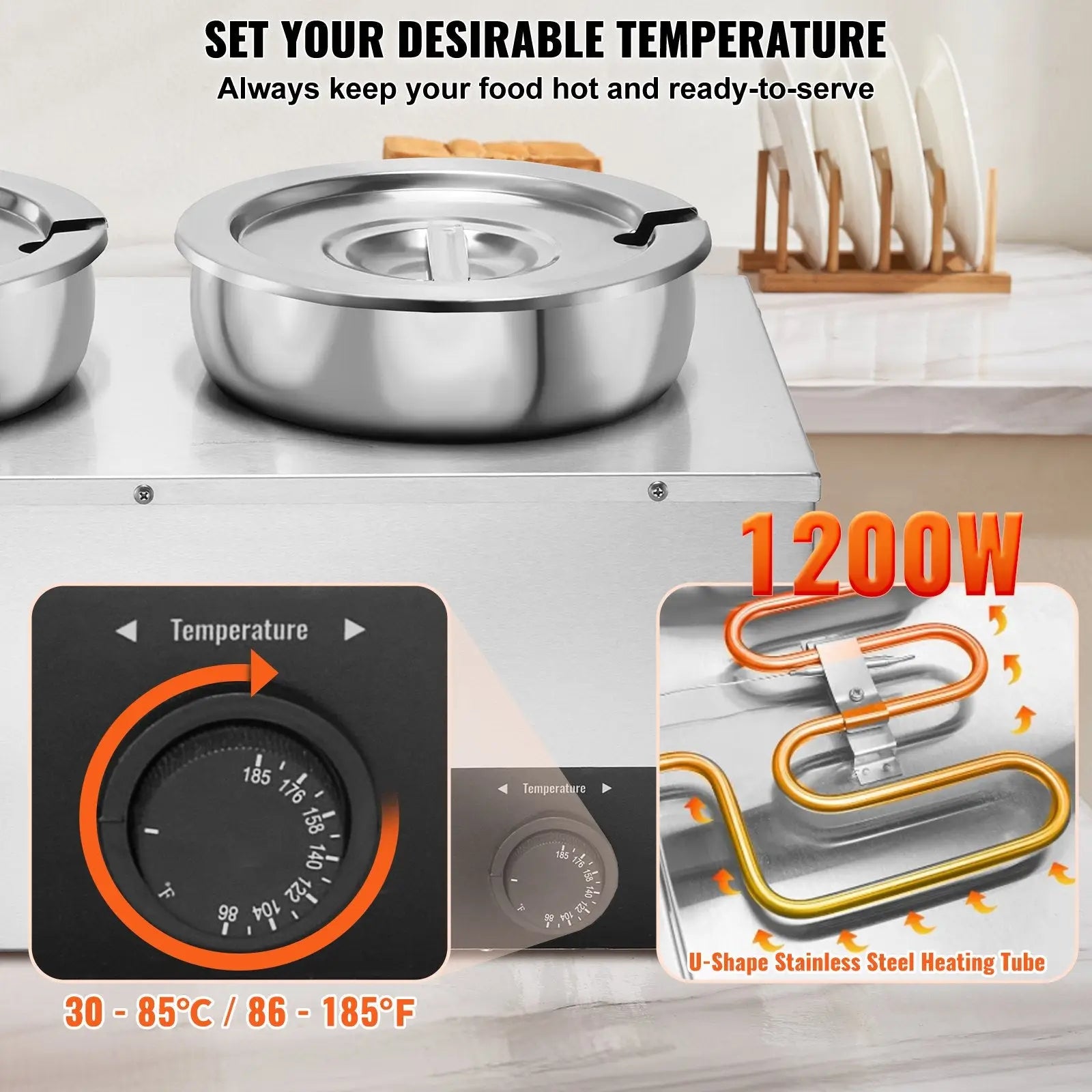 Stainless steel 3-pot electric soup warmer with temperature control dial and u-shaped heating tube for commercial use