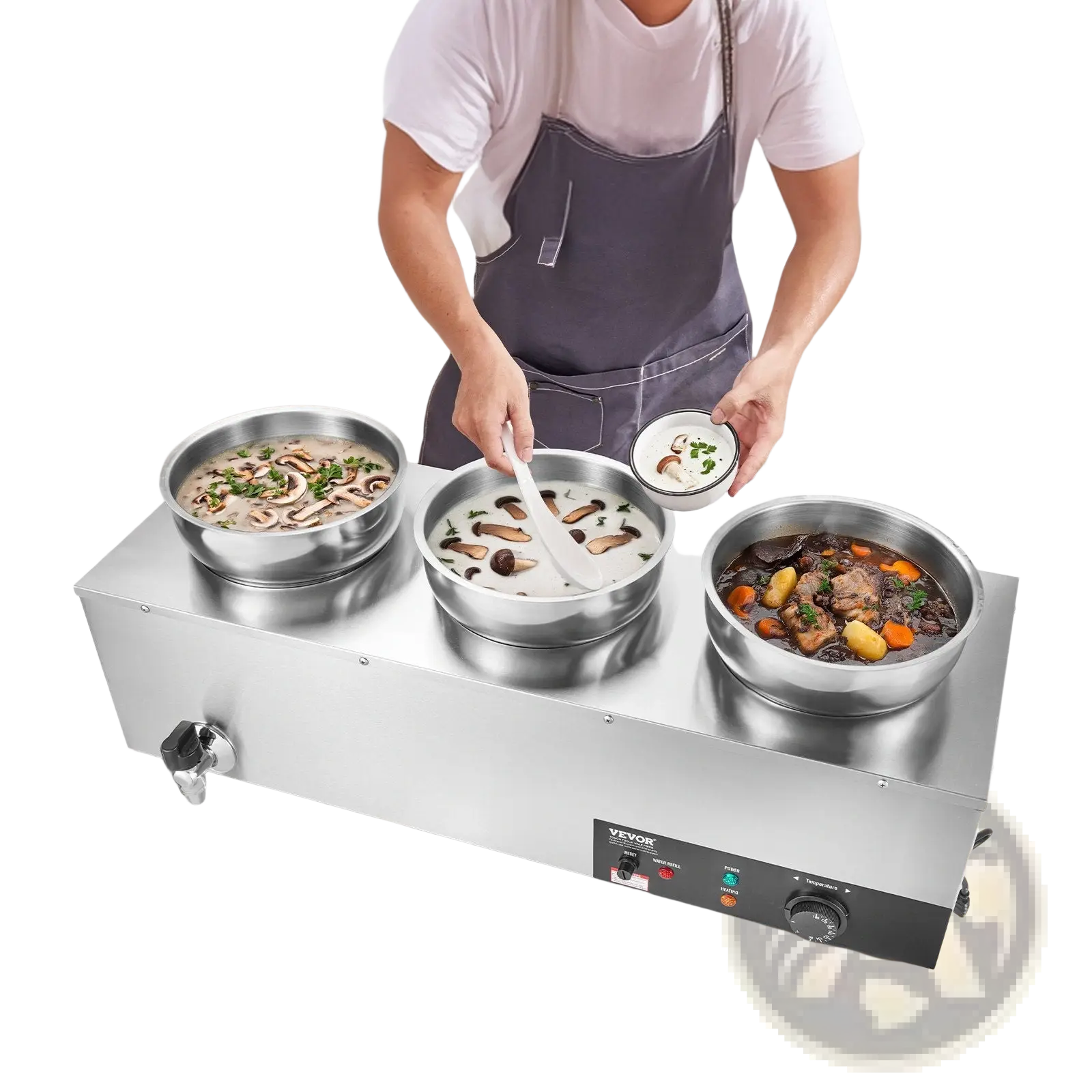 Stainless steel three-compartment 3-pot electric soup warmer with modern design and indicator light control panel