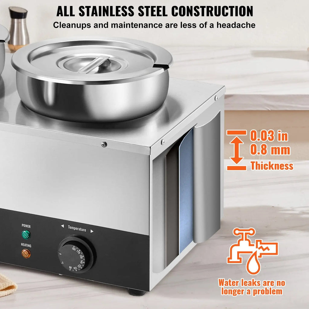 Stainless steel 3-pot electric soup warmer with lid and temperature control dial for commercial bain marie use