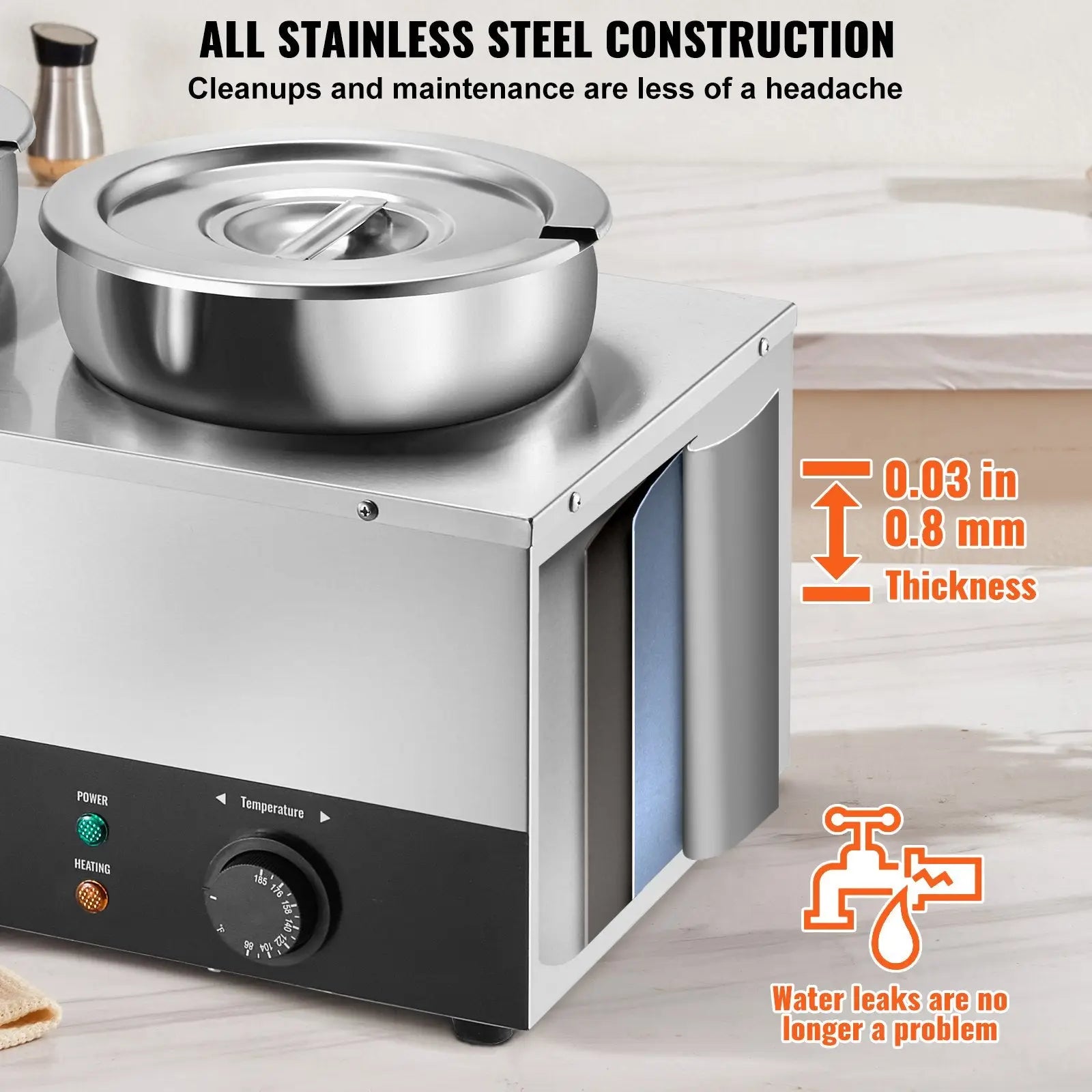 Stainless steel 3-pot electric soup warmer with lid and temperature control dial for commercial bain marie use