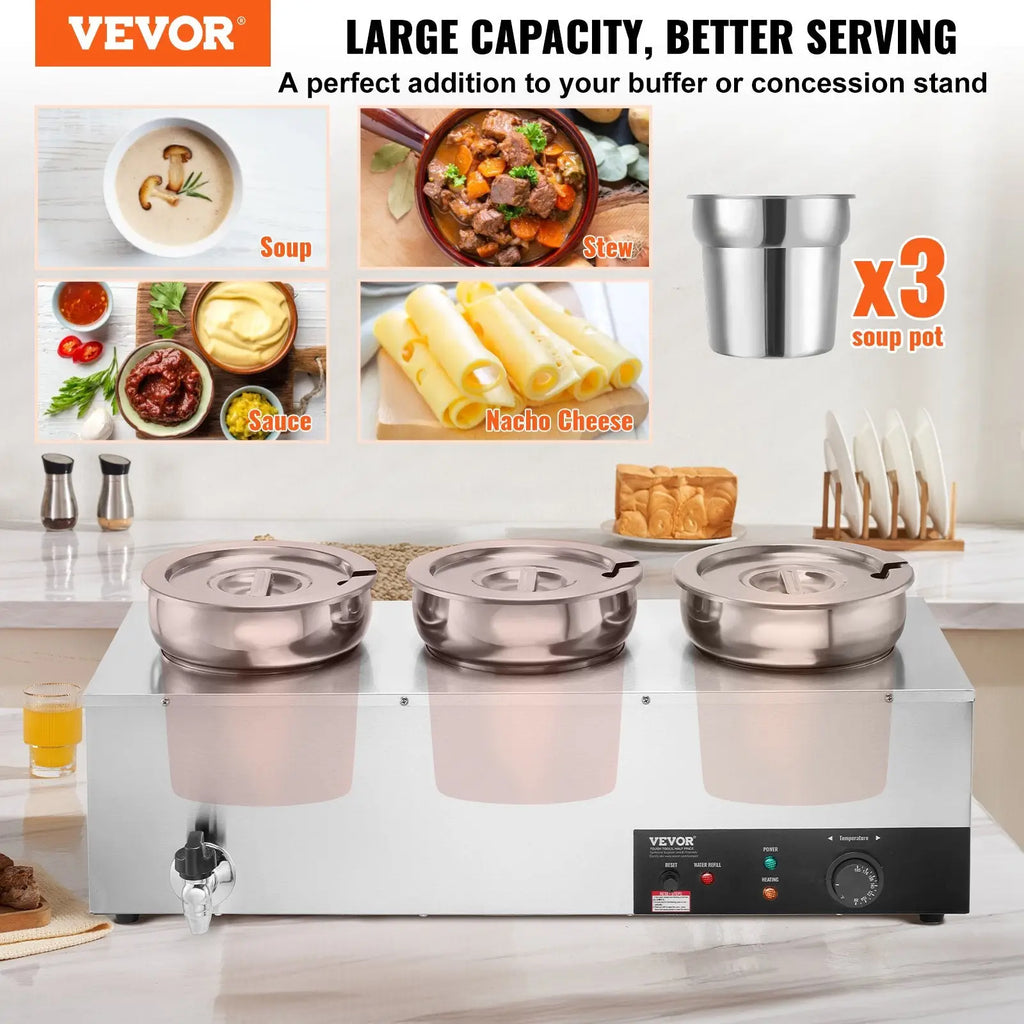 Stainless steel three-compartment electric soup warmer with matching soup pots 1200w commercial bain marie