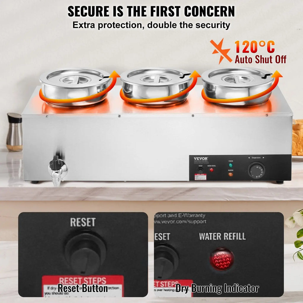 Stainless steel 3-pot electric soup warmer with 120°c auto shut-off and control panel for commercial use