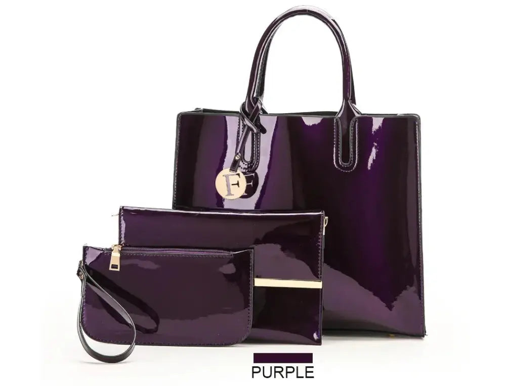 Premium 3-piece crimson leather tote and clutch set with a purple glossy handbag featuring gold-tone hardware