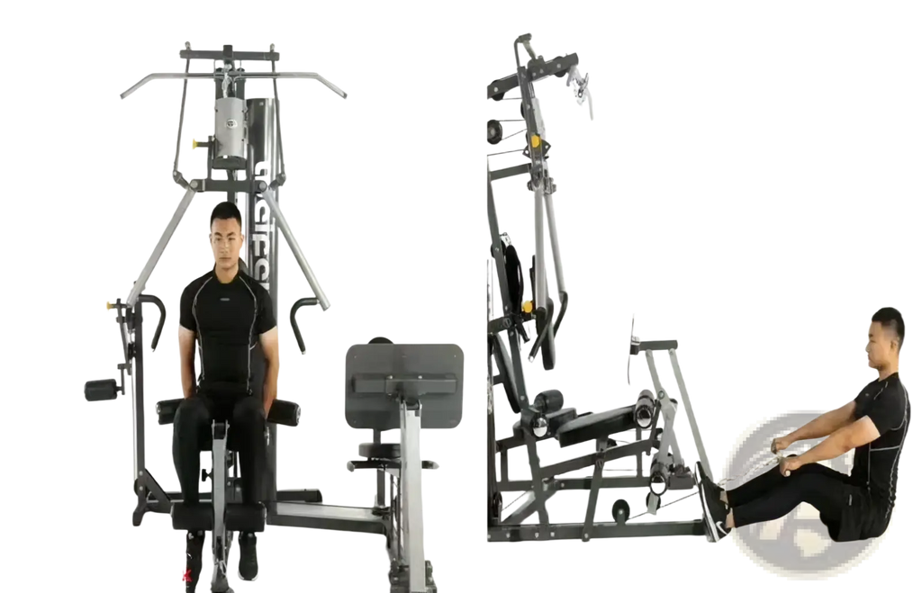 Gray metal 3-station multi-function home gym equipment with adjustable seating and cable attachments for rowing and kicking exercises