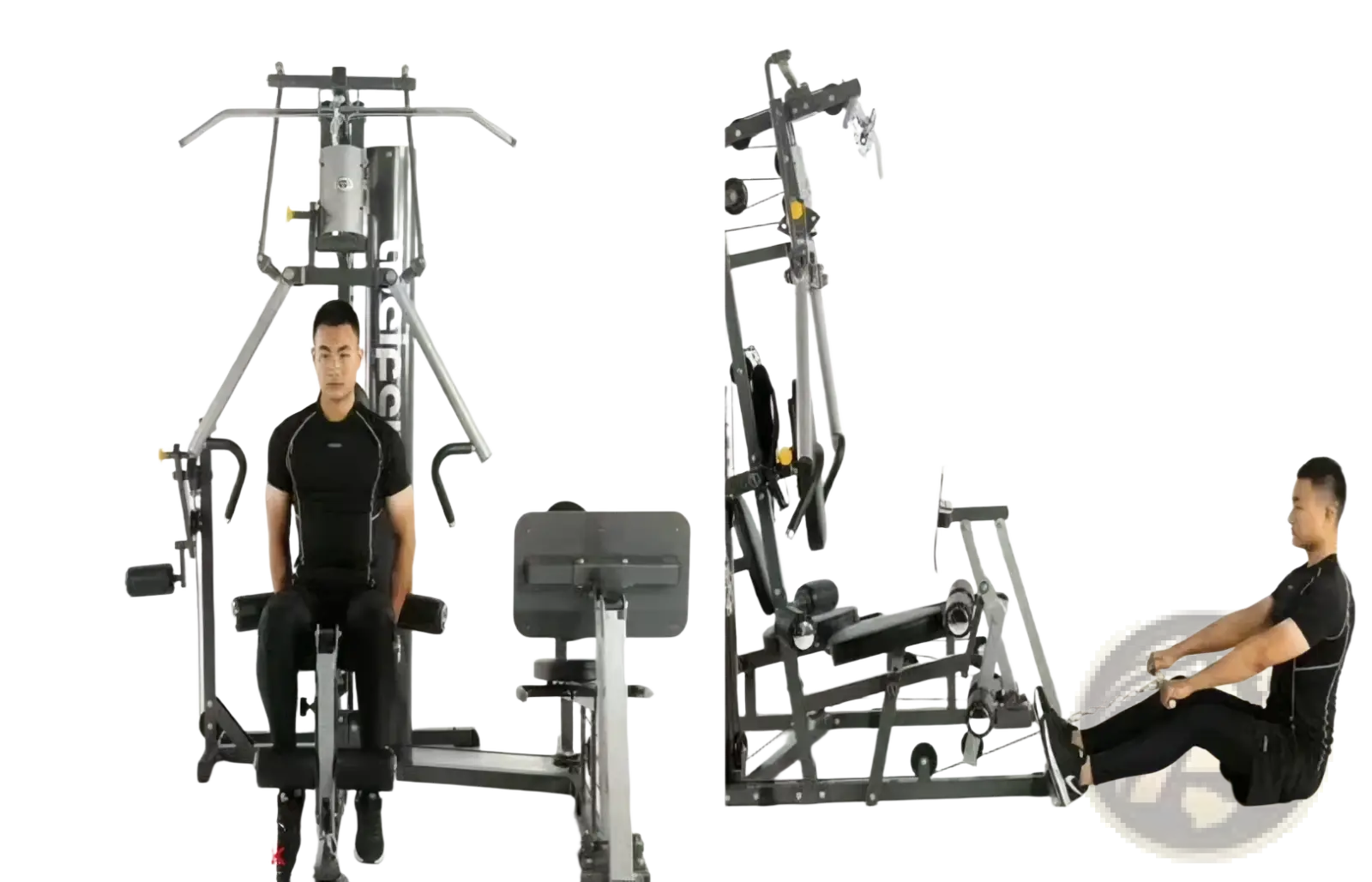 Gray metal 3-station multi-function home gym equipment with adjustable seating and cable attachments for rowing and kicking exercises