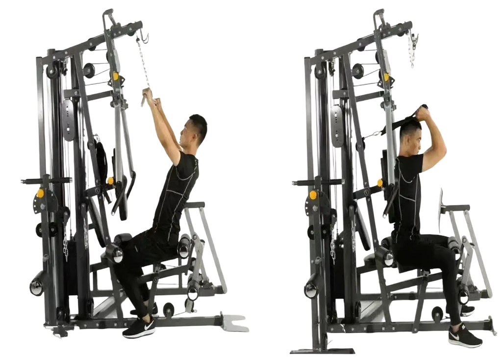 Black metal 3-station multi-function home gym equipment with adjustable weight stacks and pulley system