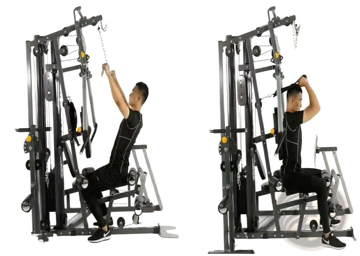 Black metal 3-station multi-function home gym equipment with adjustable weight stacks and pulley system
