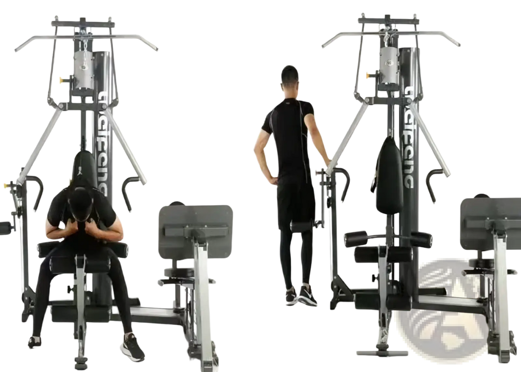 Black and silver cafeline 3-station multi-function home gym with adjustable weight stacks and padded seating