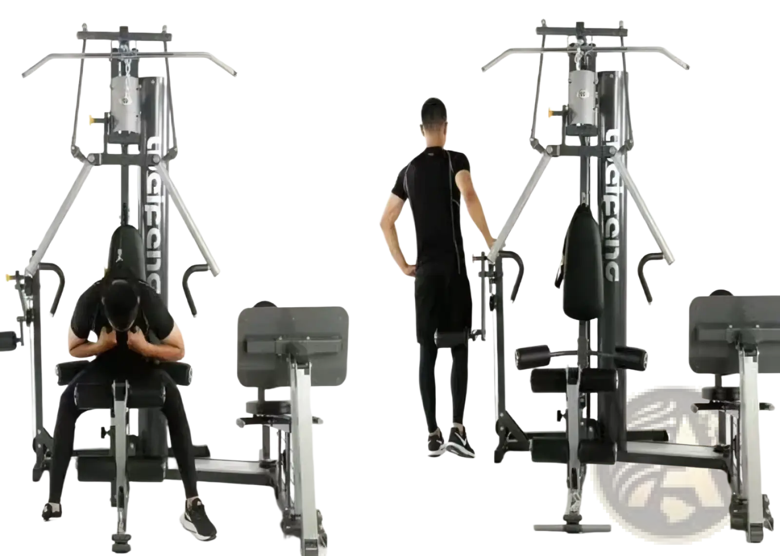 Black and silver cafeline 3-station multi-function home gym with adjustable weight stacks and padded seating