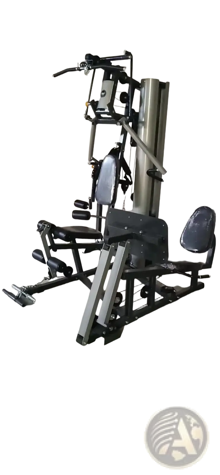 Black and silver 3-station multi-function home gym equipment with adjustable seating and weight plates for versatile workouts