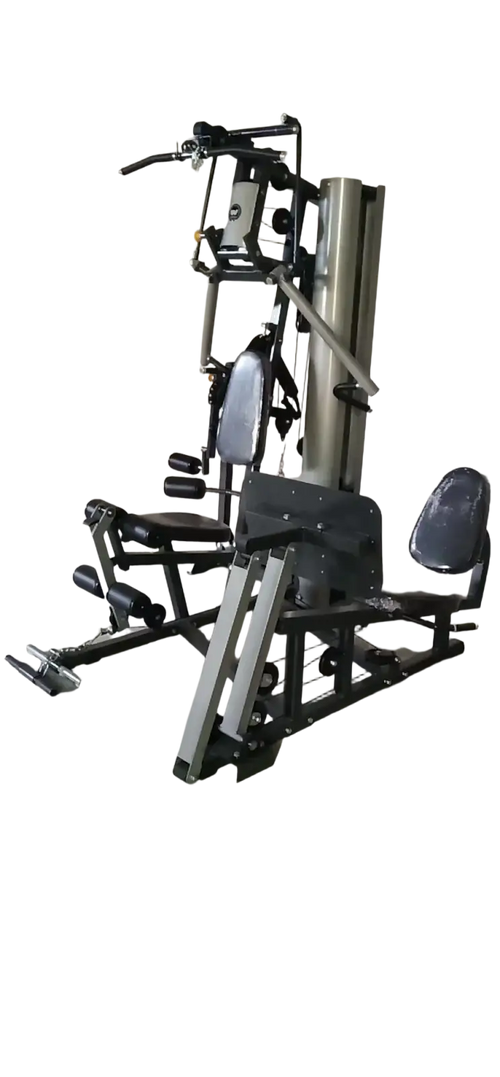 Black and silver 3-station multi-function home gym equipment with adjustable seating and weight plates for versatile workouts