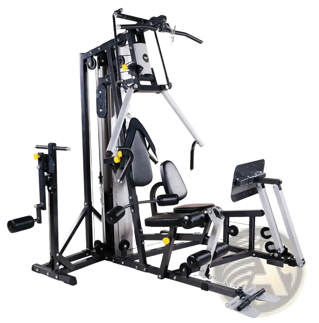 Black and silver 3-station multi-function home gym equipment with adjustable seating weight stacks and exercise attachments