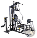 Black and silver 3-station multi-function home gym equipment with adjustable seating weight stacks and exercise attachments