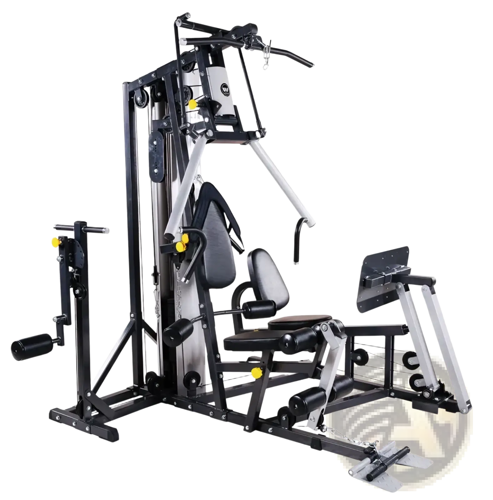 Black and silver 3-station multi-function home gym equipment with adjustable seating weight stacks and exercise attachments