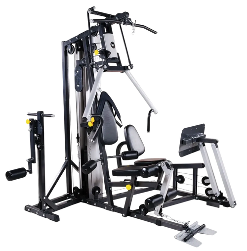 Black and silver 3-station multi-function home gym equipment with adjustable seating weight stacks and exercise attachments