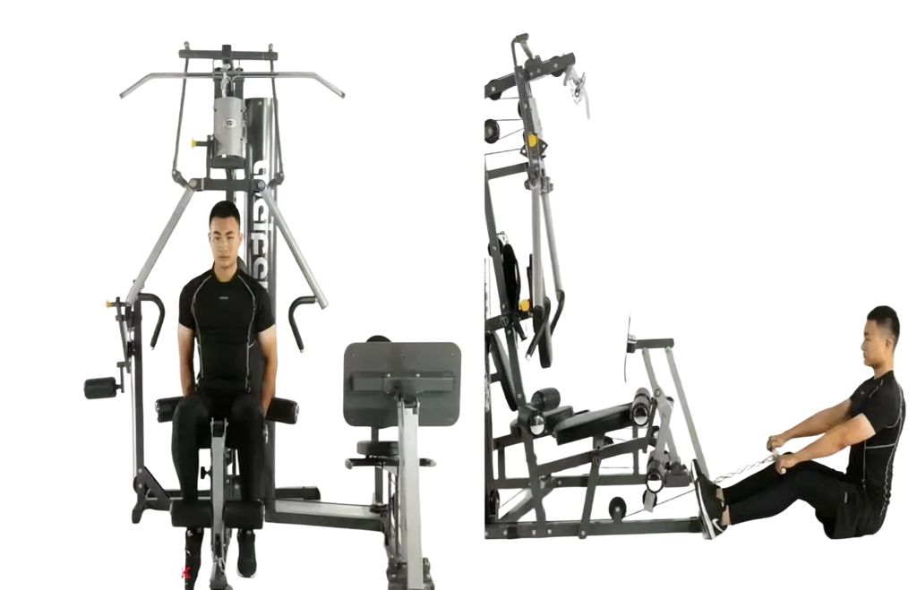 Gray metal 3-station multi-function home gym equipment with adjustable seating and cable attachments for rowing and kicking exercises